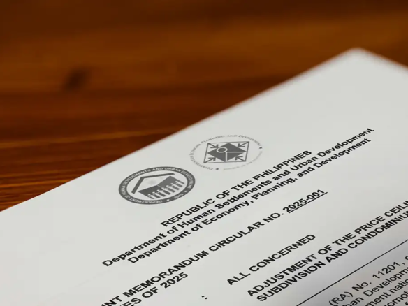 A close-up photograph of the official DHSUD memorandum order document outlining the updated socialized housing price ceilings in the Philippines.