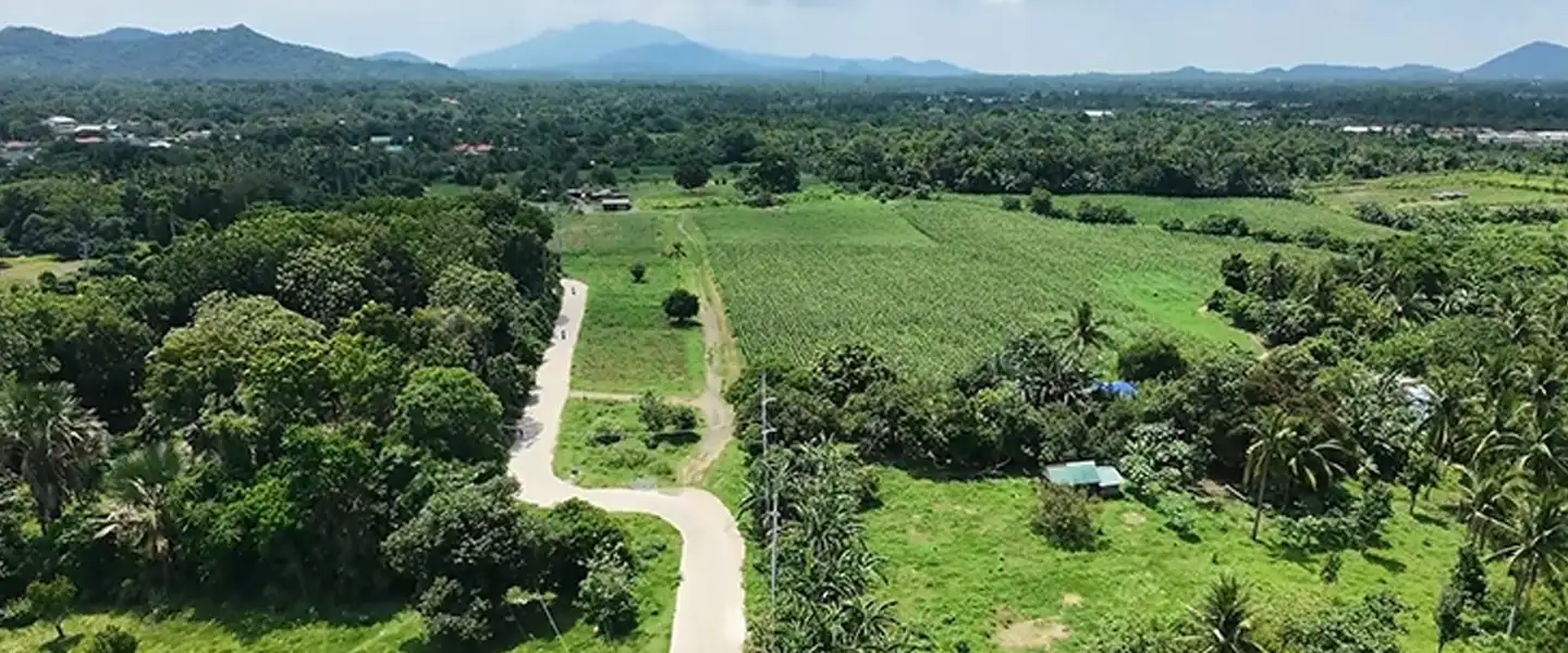 An aerial panoramic view of raw land development in Laguna, showcasing extensive green fields, agricultural areas, winding rural roads, and distant mountains under a blue sky.