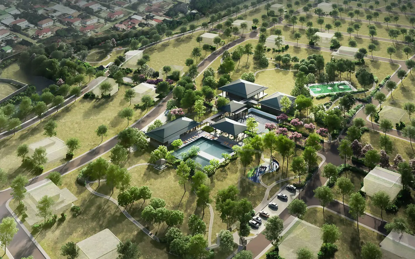 3D aerial view of the Central Park amenity at Caleia Vermosa